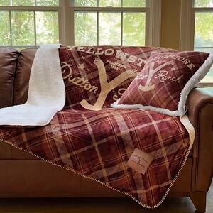 YELLOWSTONE BURGUNDY AND WHITE PLAID BLANKET AND PILLOW SET